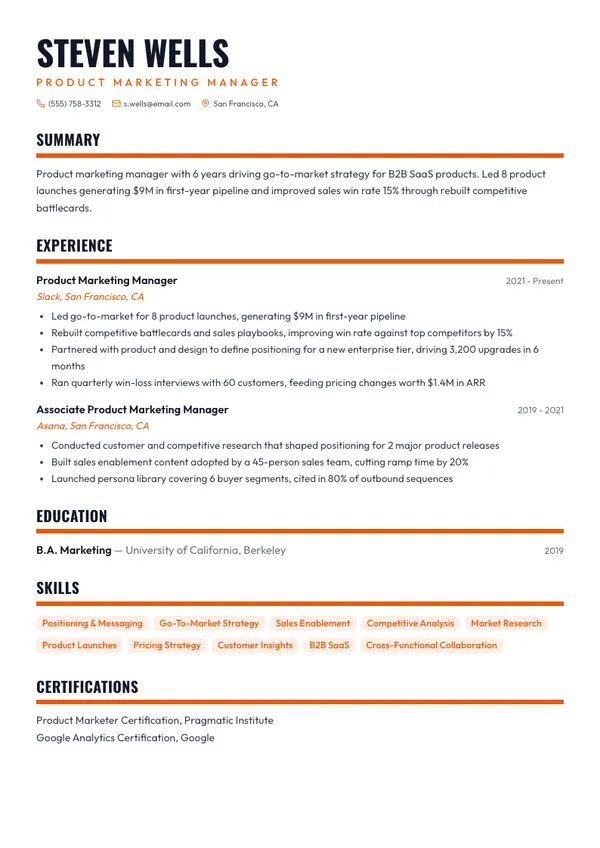 Product Marketing Manager resume example — full one-page sample