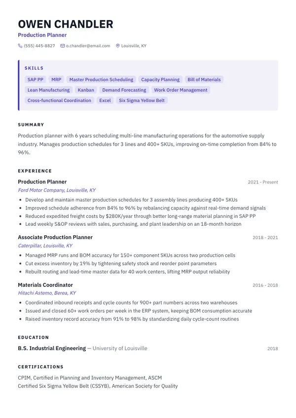 Production Planner resume example — full one-page sample