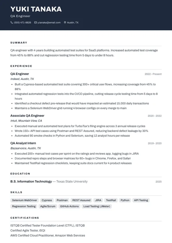 QA Engineer resume example — full one-page sample