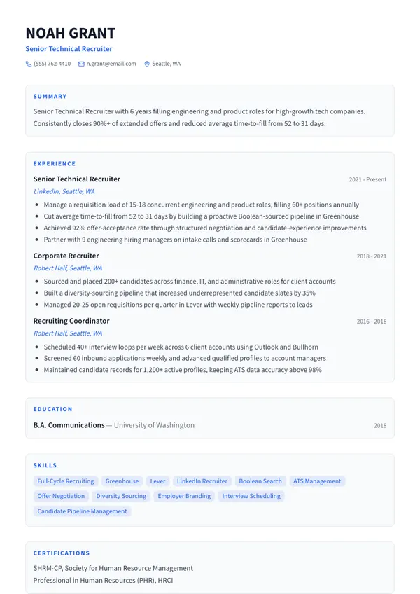Recruiter resume example — full one-page sample