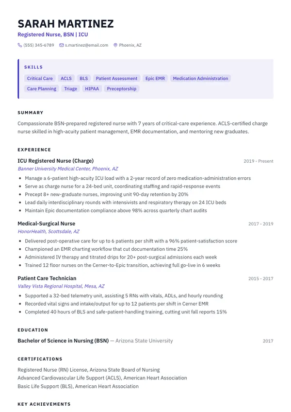 Registered Nurse resume example — full one-page sample