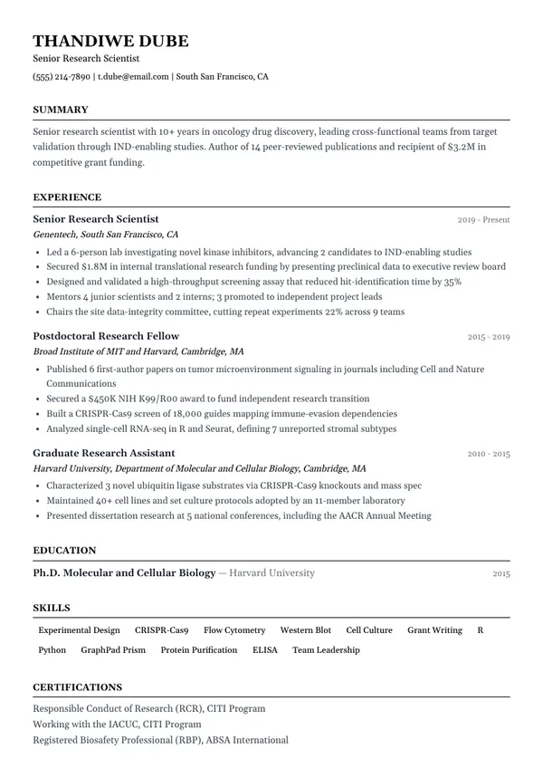 Research Scientist resume example — full one-page sample