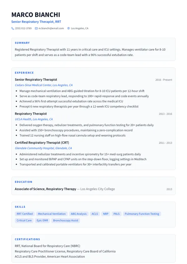 Respiratory Therapist resume example — full one-page sample