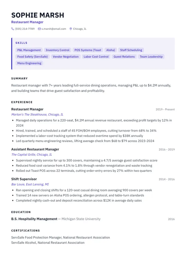 Restaurant Manager resume example — full one-page sample