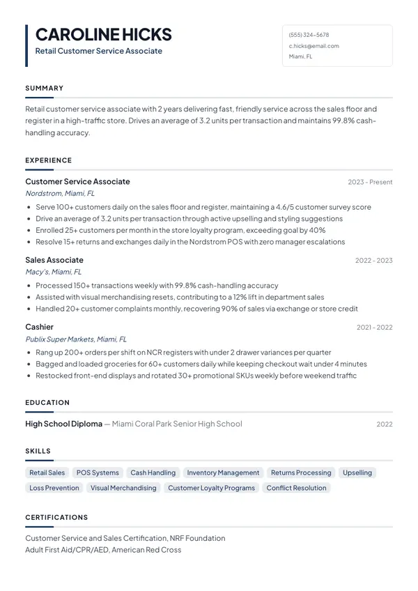 Retail Customer Service Associate resume example โ full one-page sample