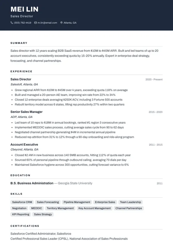 Sales Director resume example — full one-page sample