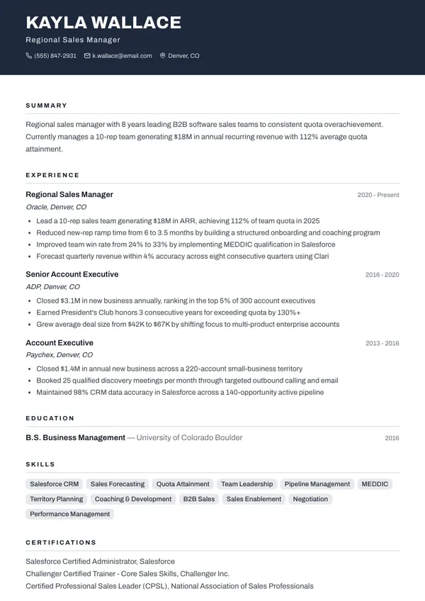 Sales Manager resume example — full one-page sample