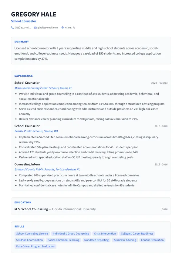 School Counselor resume example — full one-page sample