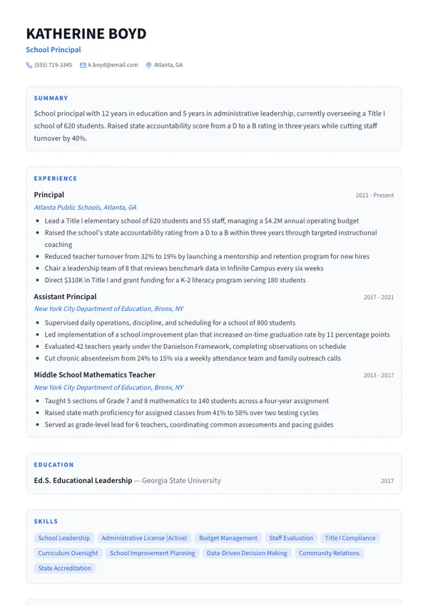School Principal resume example — full one-page sample