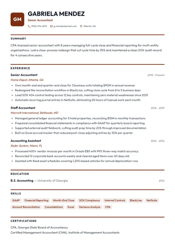 Senior Accountant resume example — full one-page sample