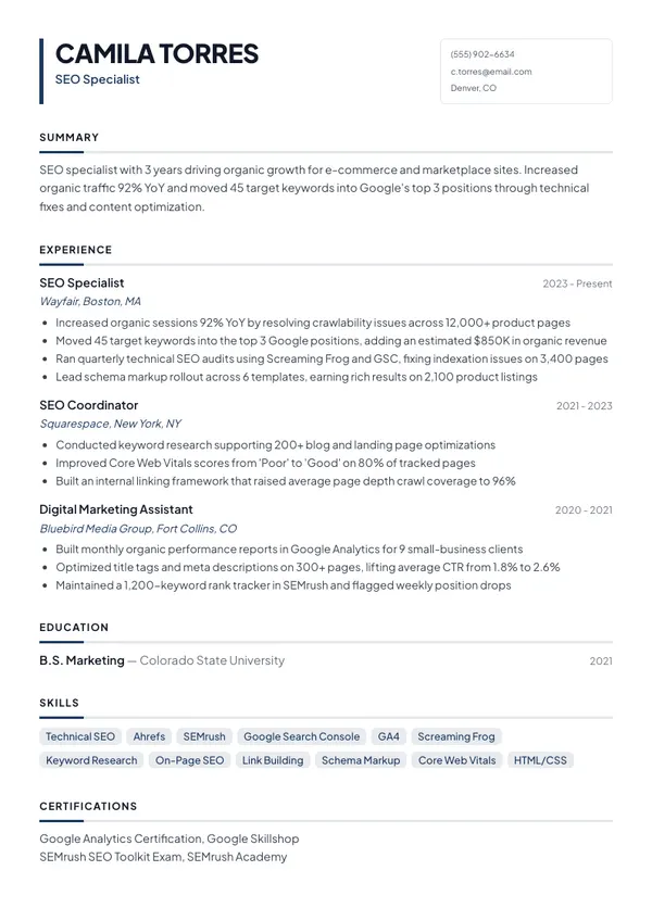 SEO Specialist resume example — full one-page sample