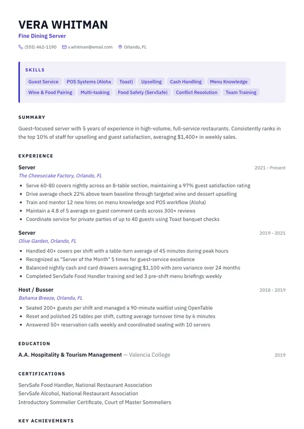 Server resume example — full one-page sample