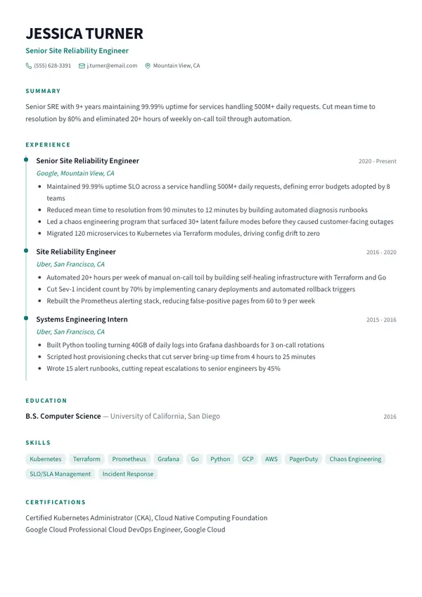 Site Reliability Engineer resume example — full one-page sample