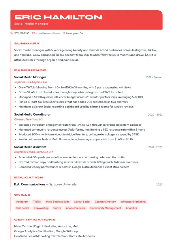 Social Media Manager resume example — full one-page sample