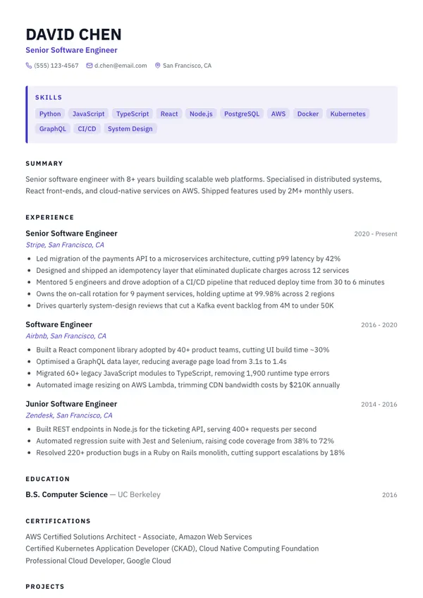 Software Engineer resume example — full one-page sample