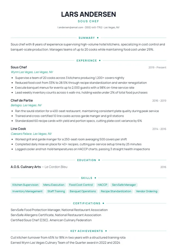 Sous Chef resume example — full one-page sample
