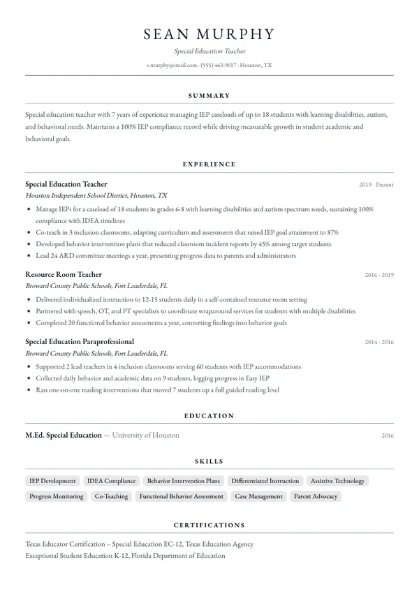 Special Education Teacher resume example — full one-page sample