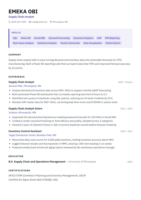 Supply Chain Analyst resume example — full one-page sample