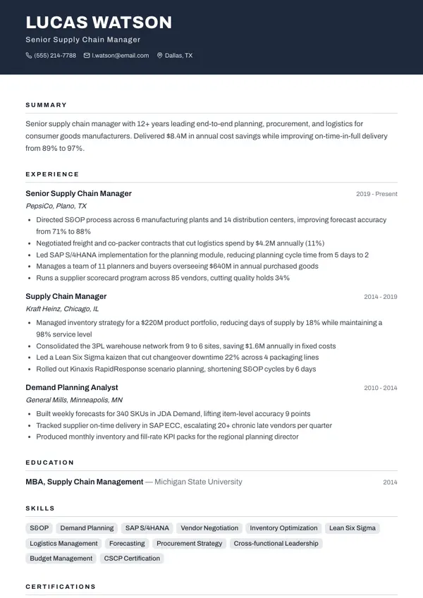 Supply Chain Manager resume example — full one-page sample