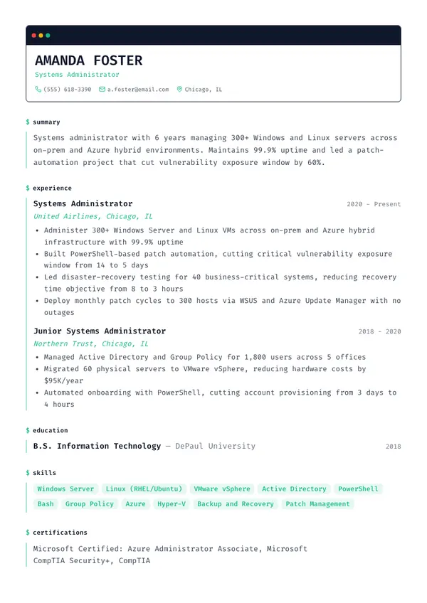 Systems Administrator resume example — full one-page sample