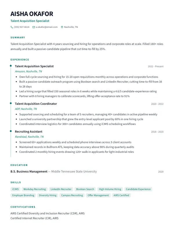 Talent Acquisition Specialist resume example — full one-page sample