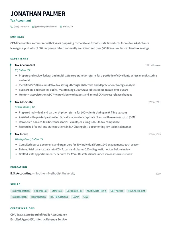 Tax Accountant resume example — full one-page sample