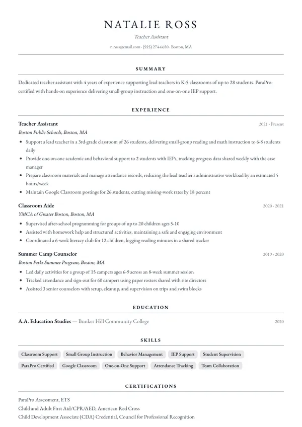Teacher Assistant resume example — full one-page sample
