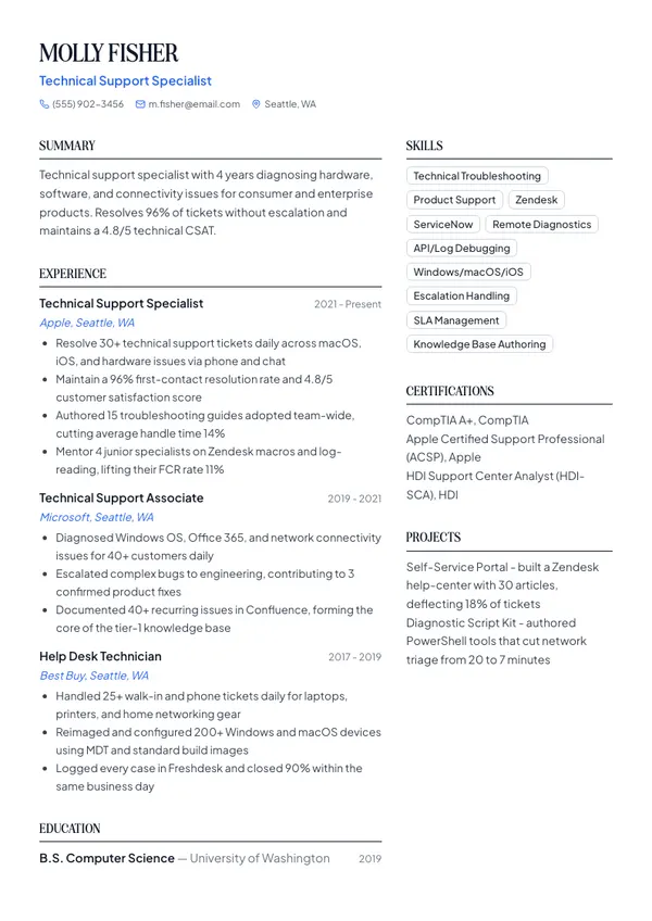 Technical Support Specialist resume example โ full one-page sample