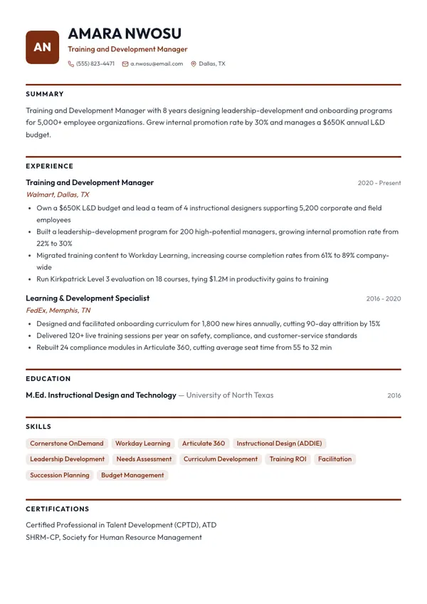Training and Development Manager resume example — full one-page sample