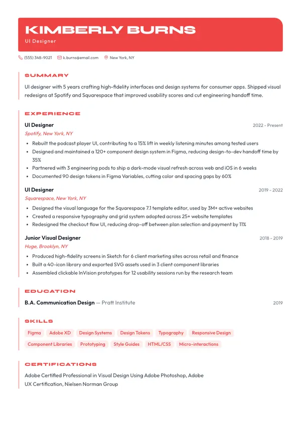 UI Designer resume example — full one-page sample