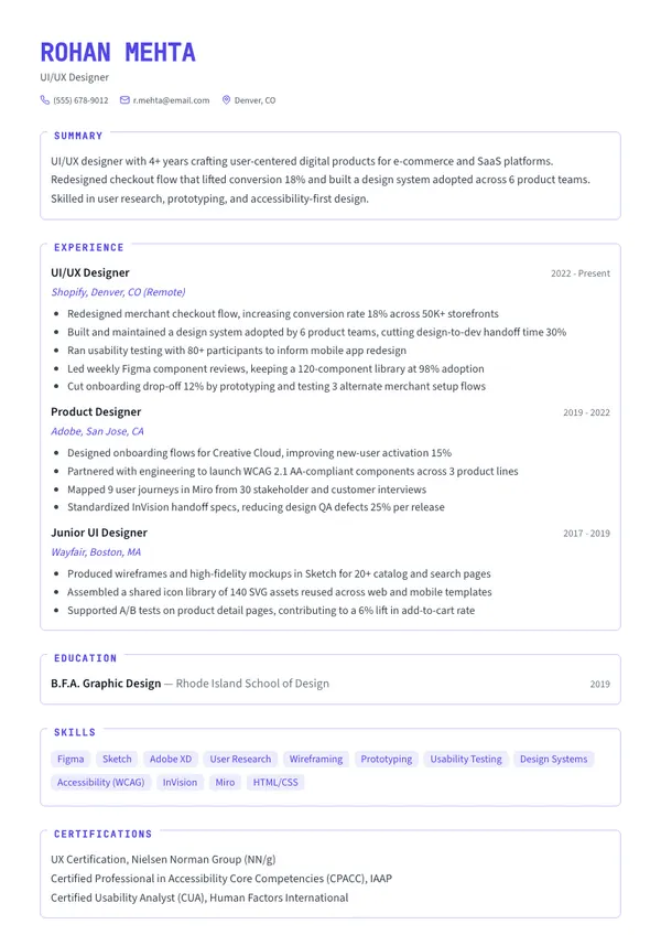 UI/UX Designer resume example — full one-page sample
