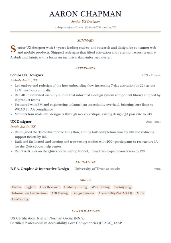 UX Designer resume example — full one-page sample