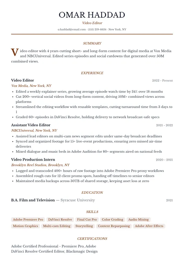 Video Editor resume example — full one-page sample