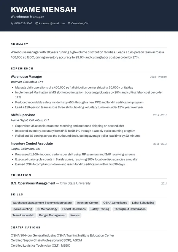 Warehouse Manager resume example — full one-page sample
