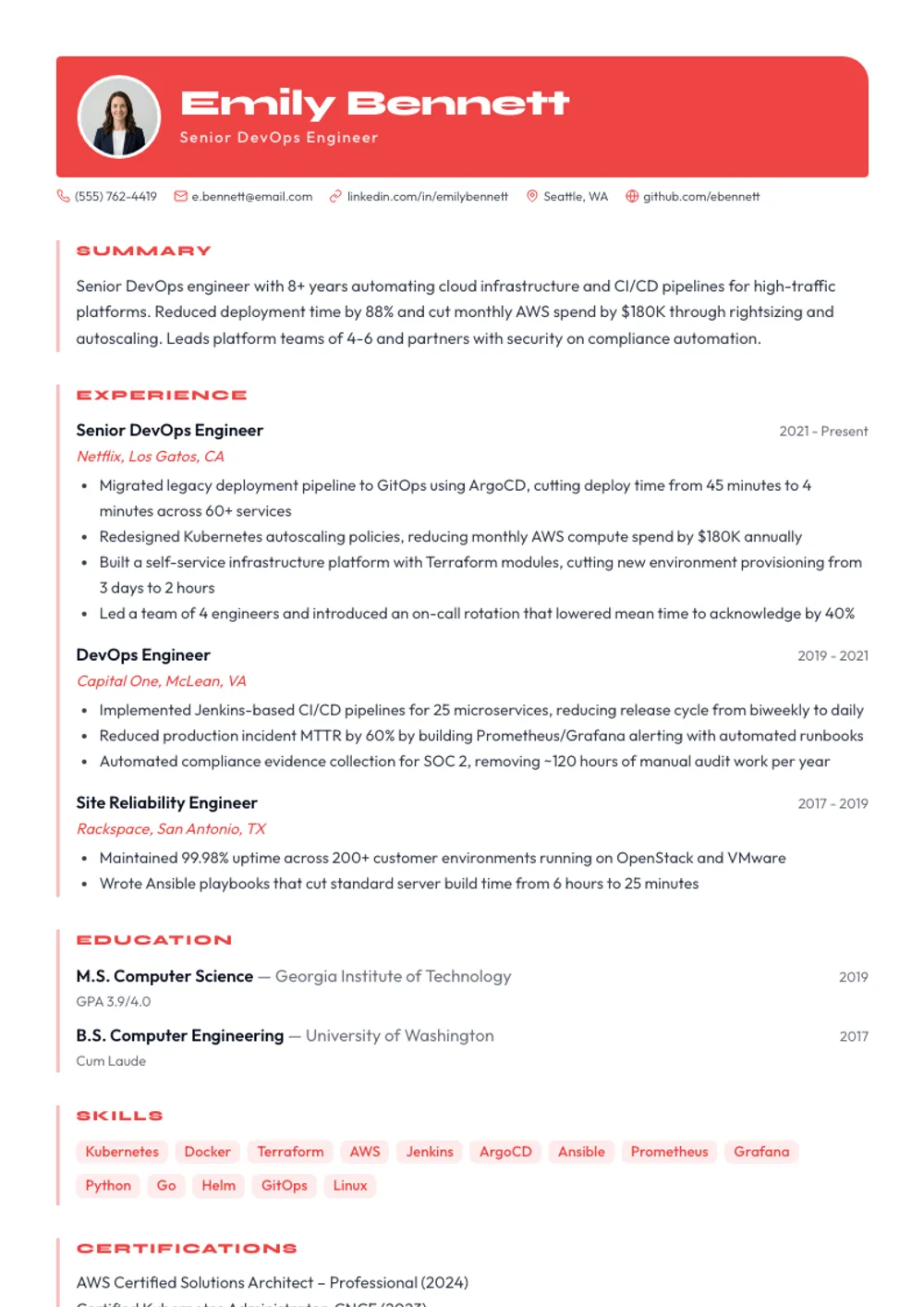 Accent Creative resume template — filled example