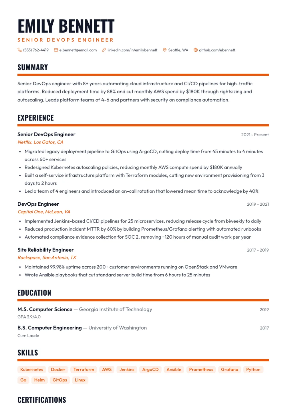 Creative Bold resume template — filled example
