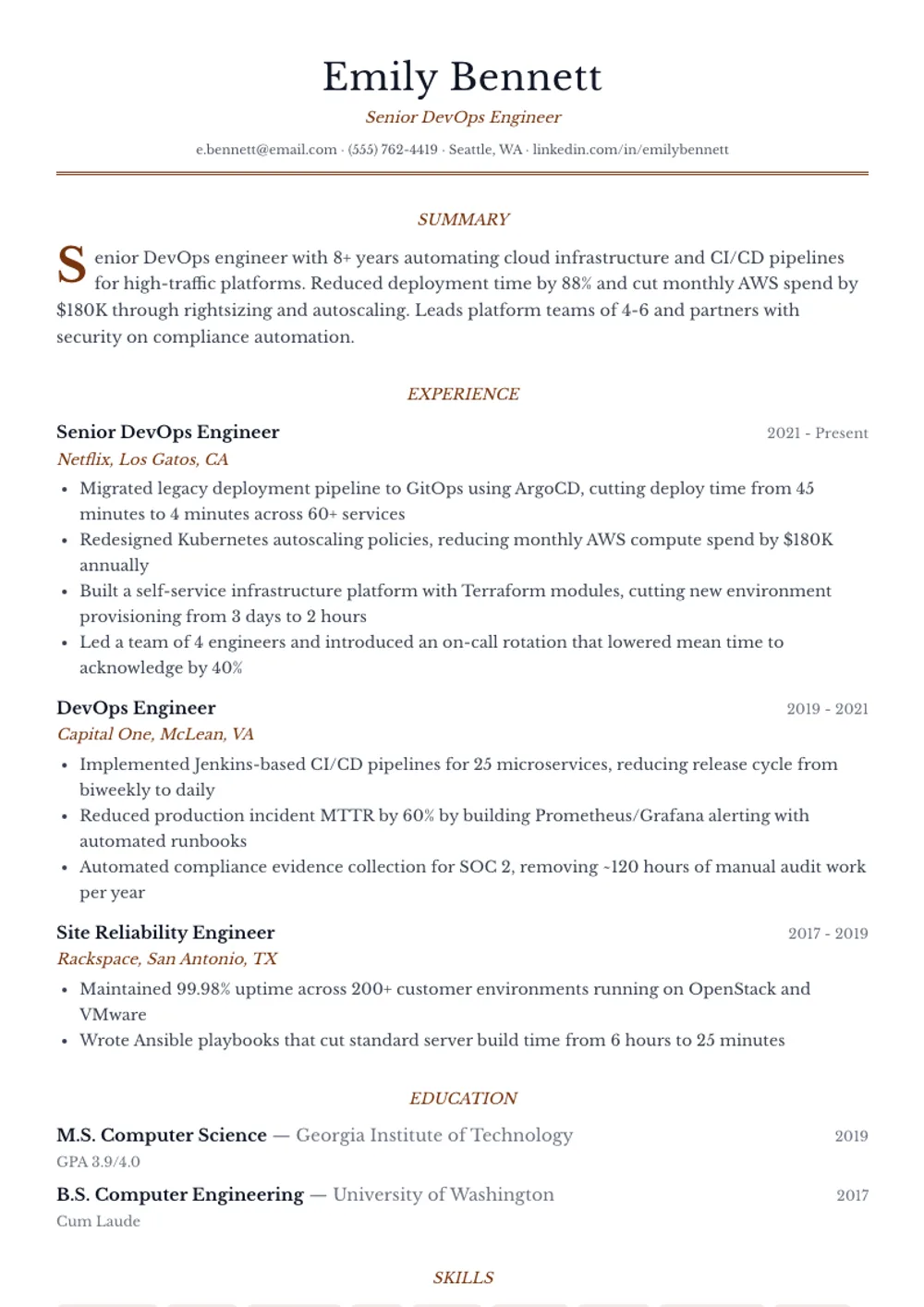 Artisan Serif resume template — filled example