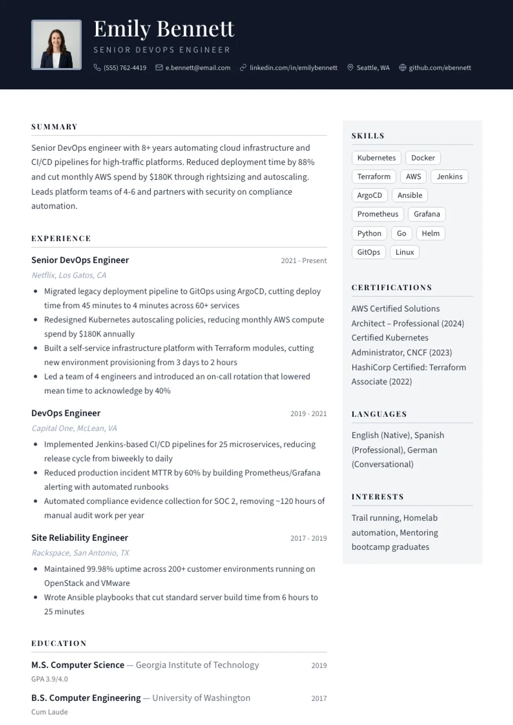 Executive Dark resume template — filled example