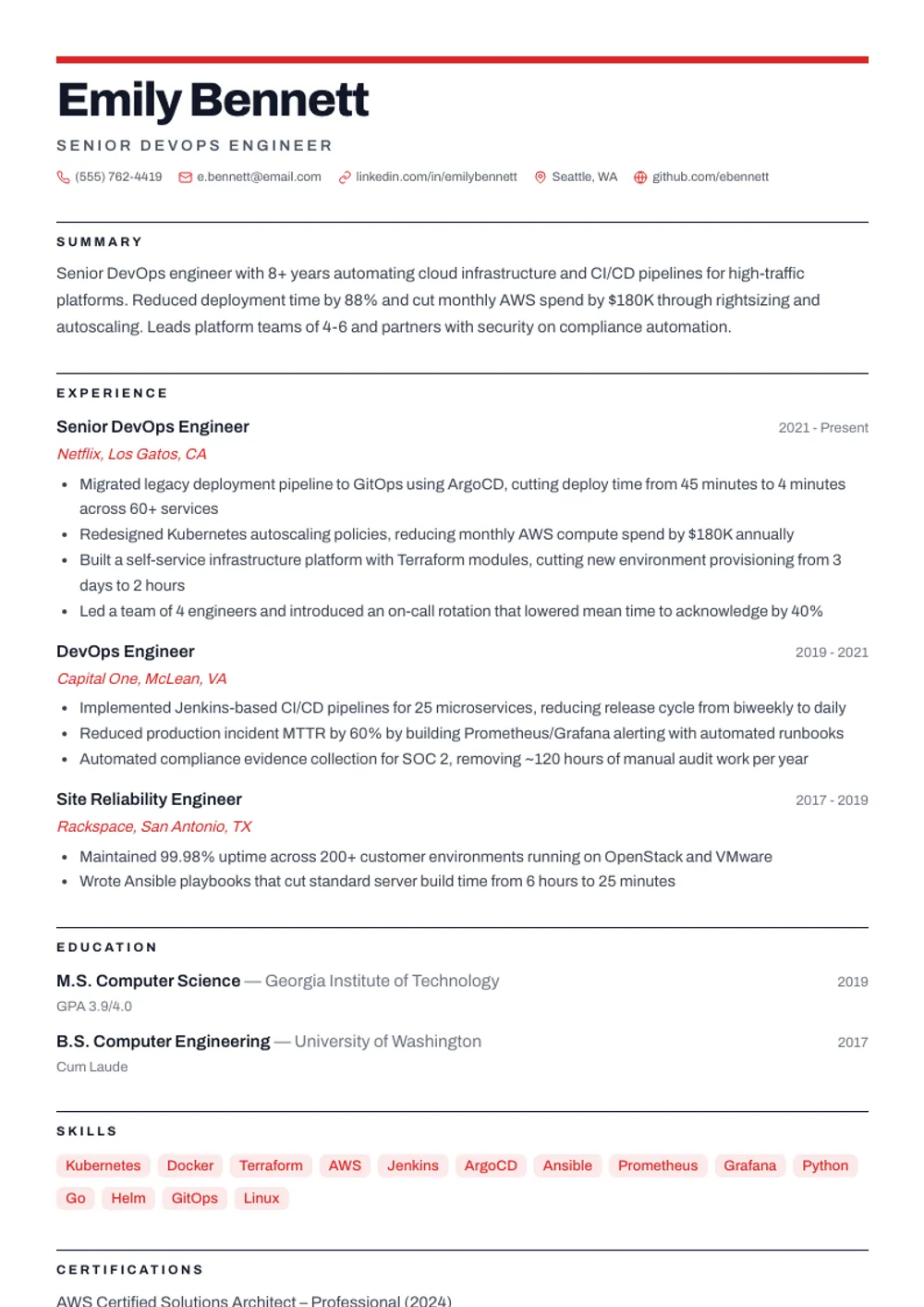 Gridline resume template — filled example