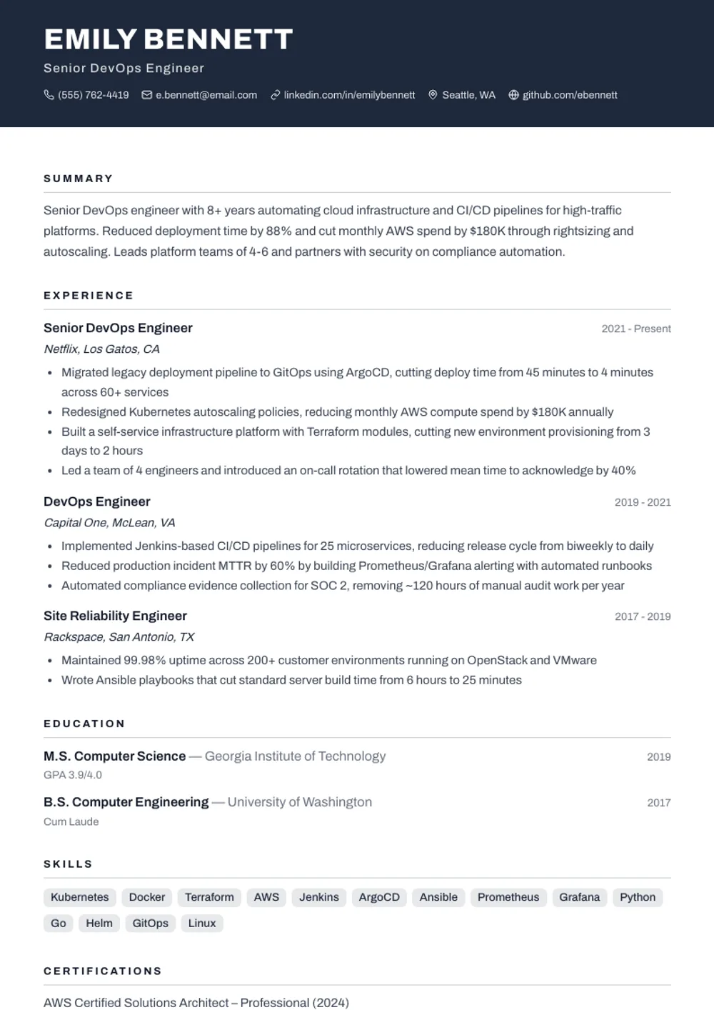 Metro Band resume template — filled example