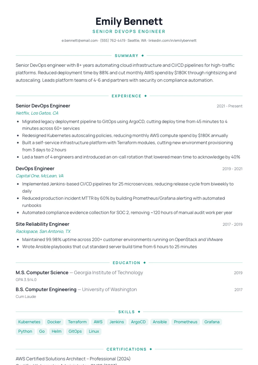 Minimalist Teal resume template — filled example