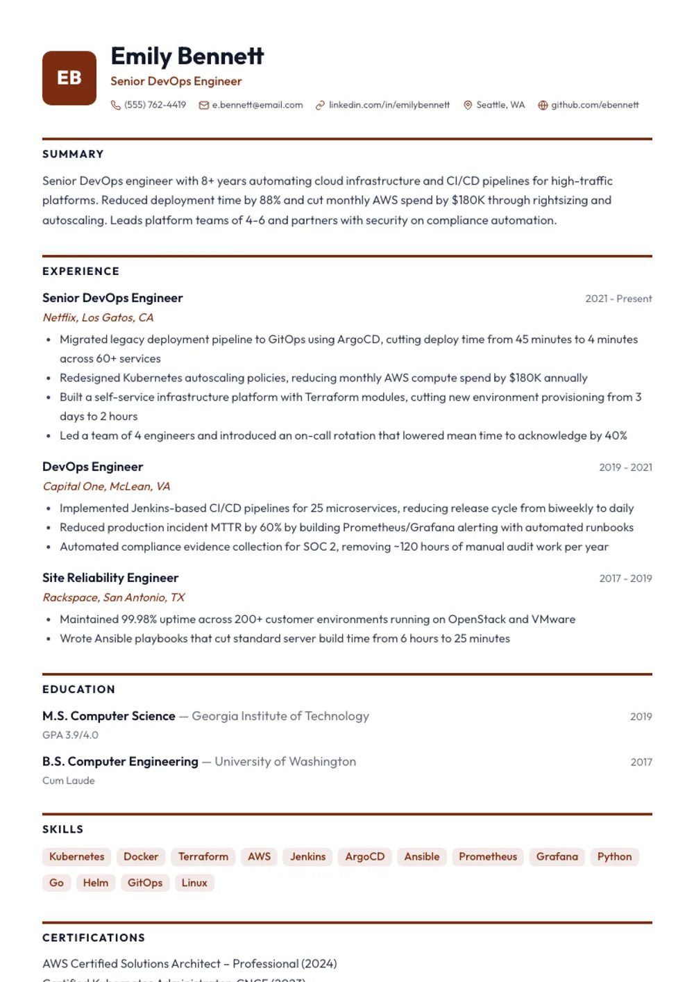 Monogram resume template — filled example