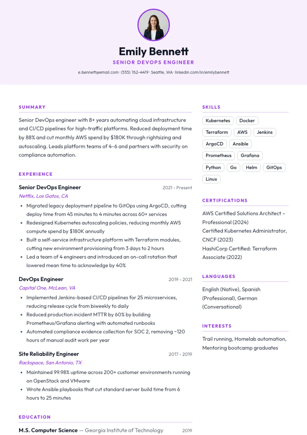 Portrait resume template — filled example