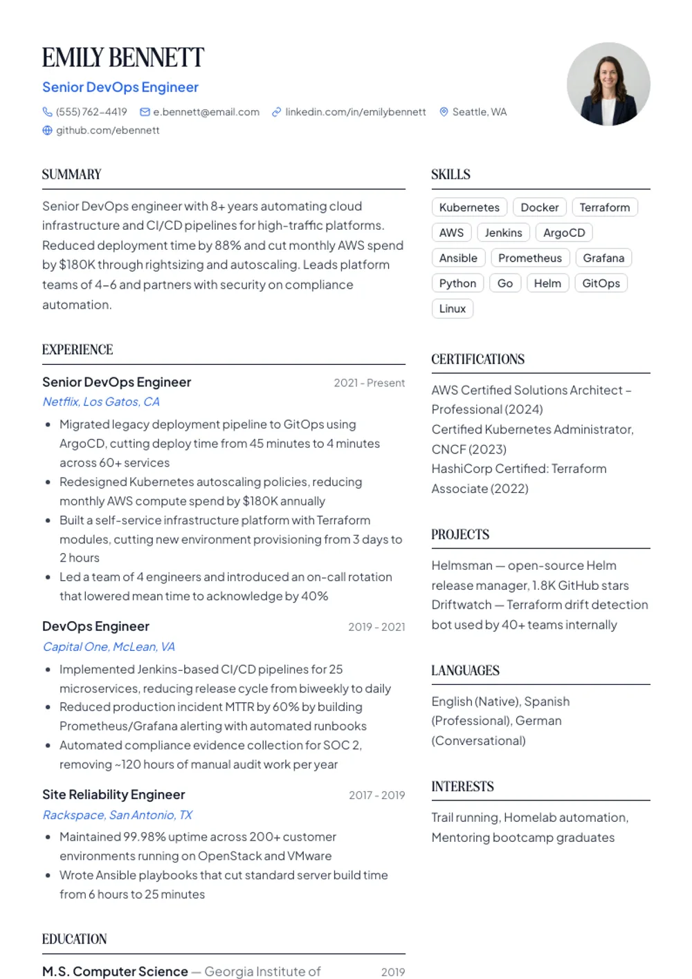 Professional resume template — filled example