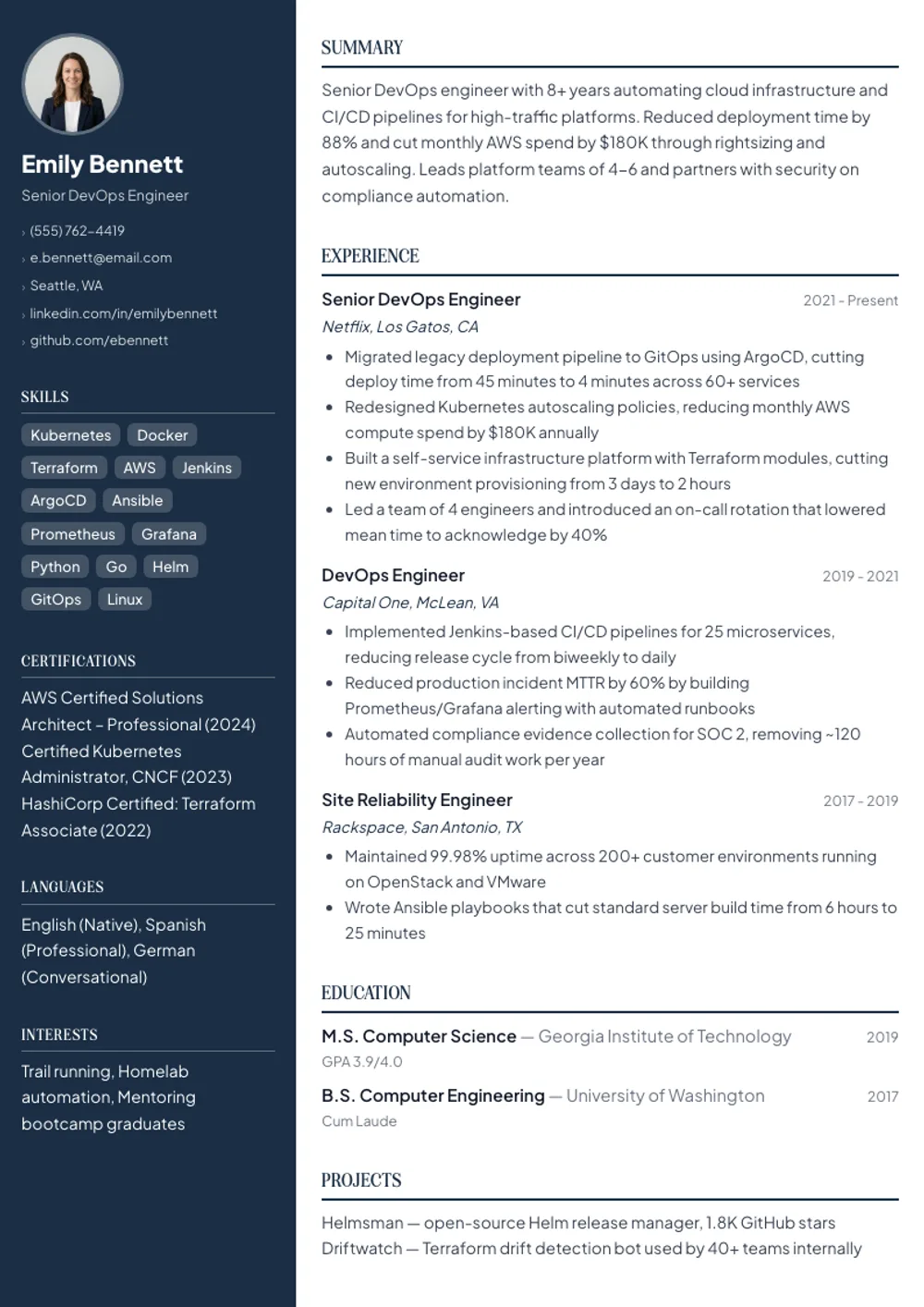 Sidebar resume template — filled example