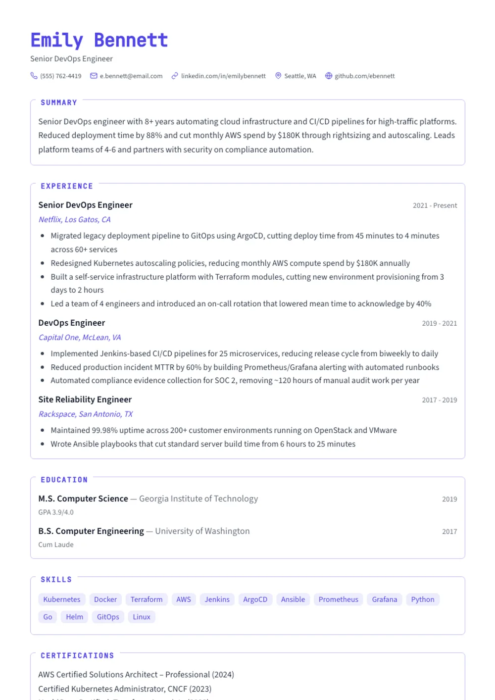 Software Engineer resume template — filled example