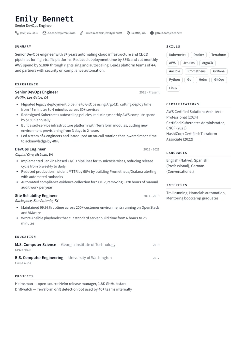 Clean Tech resume template — filled example