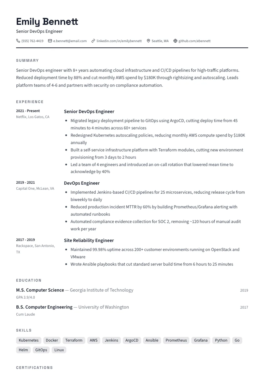 Tech Professional resume template — filled example