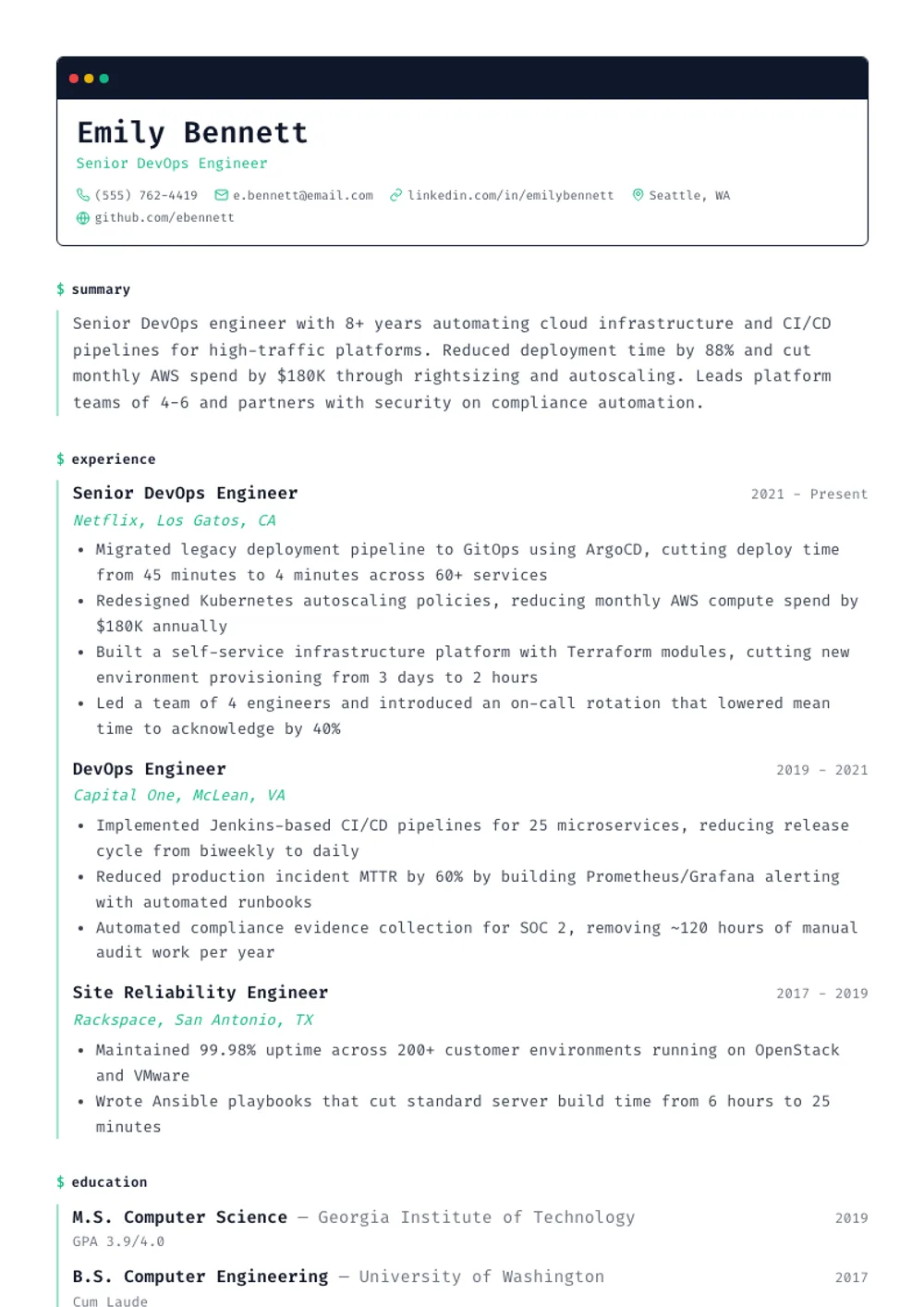 Dev Terminal resume template — filled example