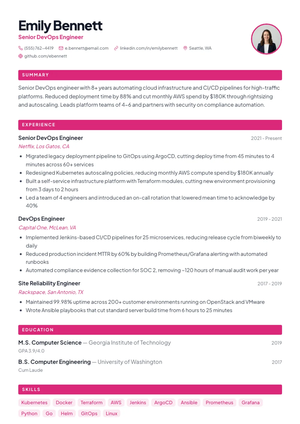 Vibrant Startup resume template — filled example